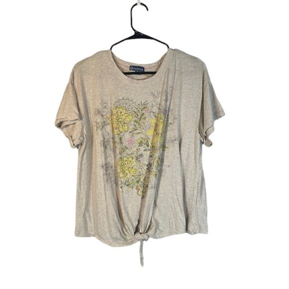 Democracy Beige Floral Front Short Sleeve Tie Knot  T-Shirt Women Sz M - Picture 1 of 8